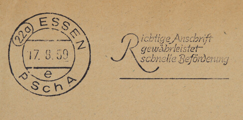 post letter mail brief papier paper essen 1959 datum date slogan werbung address richtige anschrift...