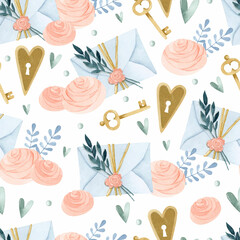 Wedding invitation with golden keys and roses watercolor seamless pattern