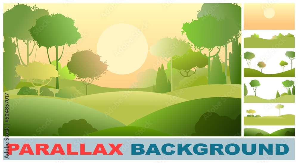 Wall mural Rural beautiful landscape. Set parallax effect. Cartoon style. Hills with grass and forest trees. Lush meadows. Cool romantic beauty. Flat design illustration. Vector