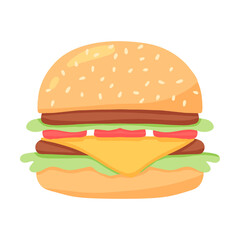 Juicy burger. Delicious hamburger with tomato. Vector illustration in cartoon style.