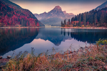 Calm autumn view of Obersee lake, Nafels village location. Fabulous morning scene of Swiss Alps,...