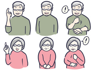 身振り手振り大きめに会話するシニア男女のイラストセット