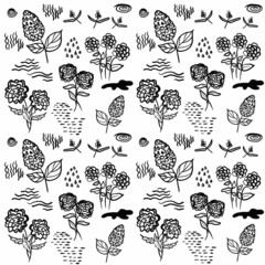 vegetation elements,flowers,doodles,linear black outline drawing,dried flower,forest flowers,shrubs,branches,zigzags,drops,wavy lines,illustration,botany,floristry,roses,chestnut flowers,chamomile,hya