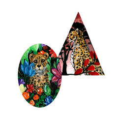 Watercolor cheetah logo geometric frames, circle and triangle, african garden, on white background illustration isolated for your design, hand drawn © Dani Kingdom