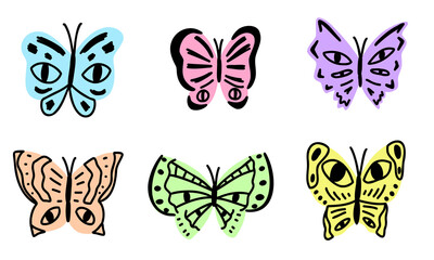 Doodle cute butterflies set, collection isolated line. Botanical hand drawn vector illustration.