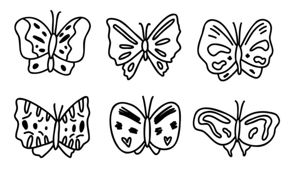 Doodle cute butterflies set, collection isolated line. Botanical hand drawn vector illustration. Sketch for a tattoo.