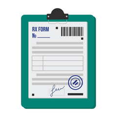 Pharmaceutical prescription form RX for medicines with a barcode. A sheet of paper with blue seals and stamps of a doctor on a green stationery tablet. Vector illustration.