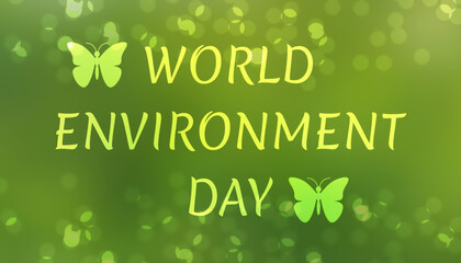 World environment day illustration on blur green background with floating circles and butterfly. concept for save environment.