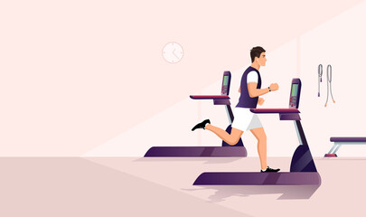 Fitness boy run treadmill gym. Slim, fit male athlete cross, jog training. Running trainer activity. Athletic healthy brunette young man active cardio, aerobics indoor workout. Vector illustration