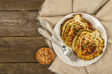 Homemade vegan cabbage steaks with herbs and spices. Healthy food ready to eat on a baking sheet