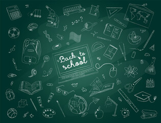 Back to school concept, with set of icons, symbols of education, science, school on the school chalk board. Doodle sketchy with school object collections. Vector illustration