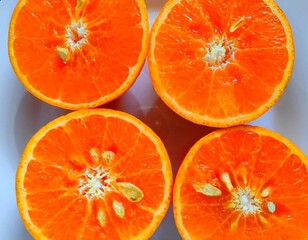 The halved oranges are placed on a plate.