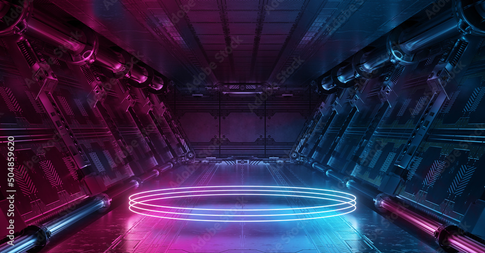 Poster blue and pink spaceship interior with glowing neon lights podium on the floor. futuristic corridor i