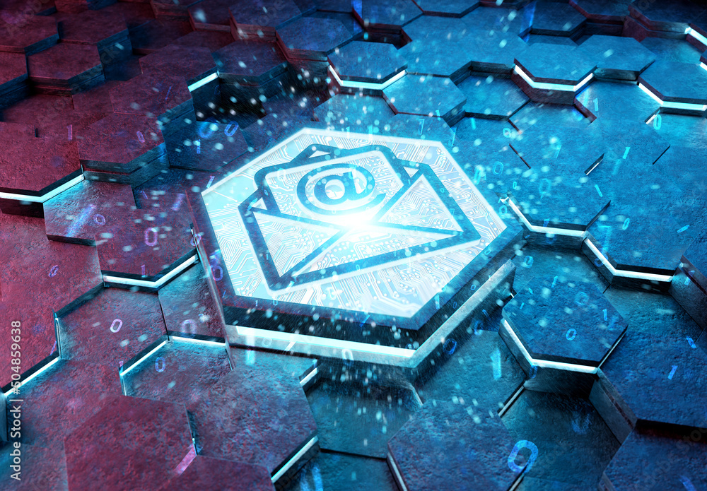 Aufkleber Email icon concept engraved on hexagonal pedestral background. Mail Logo glowing on abstract digital surface. 3d rendering