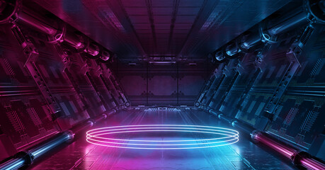 Blue and pink spaceship interior with glowing neon lights podium on the floor. Futuristic corridor in space station with circles background. 3d rendering - obrazy, fototapety, plakaty