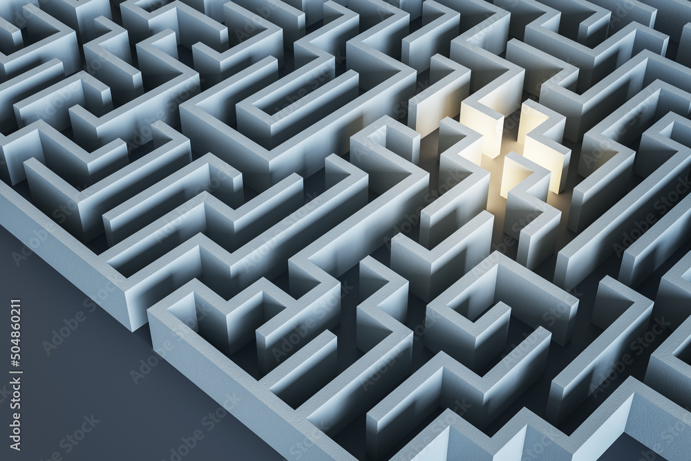 Poster Find a right way and making decision concept with bright light spot in dark grey maze. 3D rendering