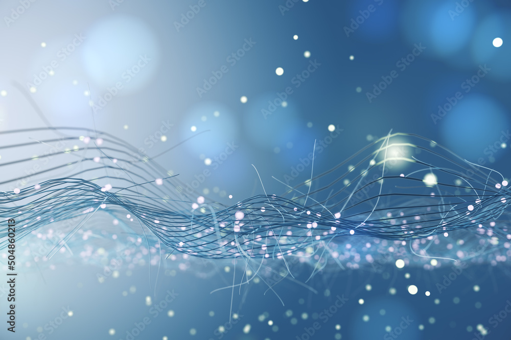 Poster Abstract backdrop in blue shadows with metallic waving lines and blurred drops. 3D rendering