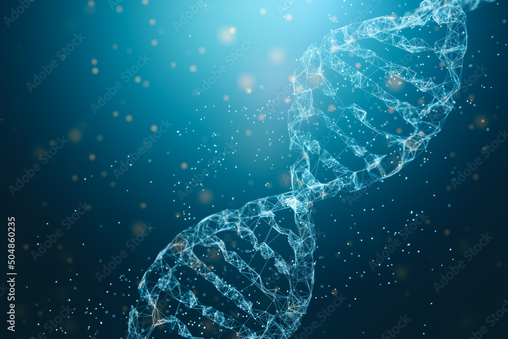 Poster biotechnology concept with human dna structure on abstract blue background. 3d rendering