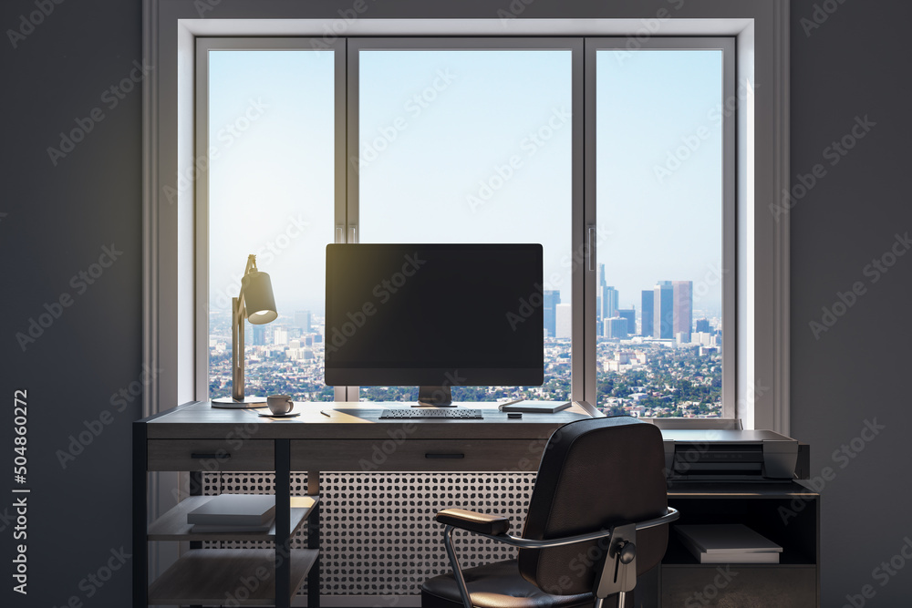 Aufkleber workplace in modern office interior with blank mock up computer screen, window with beautiful city v