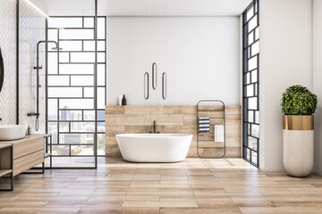 Fototapeta na wymiar Front view on modern interior design of light bathroom with city view from stylish windows, white bath, wooden floor and sink base cabinet, black shower and green tree in floor vase. 3D rendering