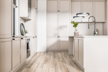 Side view on sunny stylish light colors kitchen set with modern decoration and wooden floor. 3D rendering