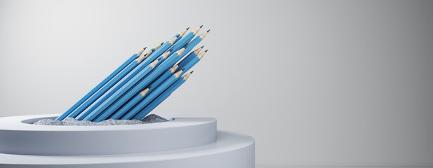Many or bunch of blue pencils on abstract wide white background with mock up place. Education, student, leadership and stationery concept. 3D Rendering.
