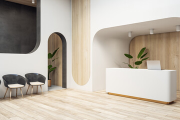 Side view on white reception table and black chairs in spacious light waiting area with wooden floor and wood decorated walls. 3D rendering, mockup