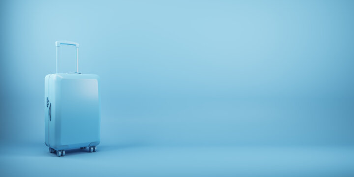 Travel and buggage concept blue suitcase on blank bright blue backdrop with copyspace for your logo. 3D rendering, mockup