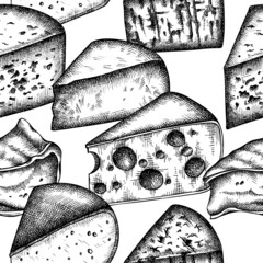 Cheese seamless pattern background design. Engraved style. Hand drawn brie, gouda cheese, roquefort, etc.