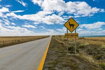 Tuinposter Sign of Lama warning near Chilean road © Fyle