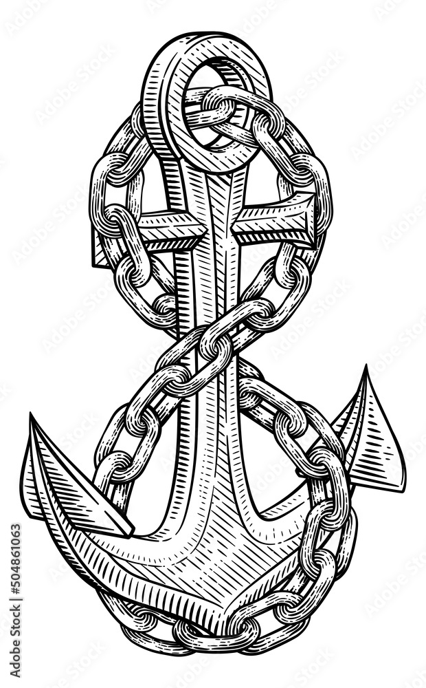 Sticker A Ship Anchor And Chain Nautical Woodcut Drawing