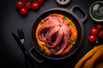 Cooked whole octopus on a black plate with spanish romesco sauce and parsley. Mediterranean Seafood...
