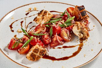 Tradition italian salad panzanella with croutons, onion and tomatoes. Tomatoes salad with bread on ceramic plate in contemporary style. Italian food. Aesthetic composition with panzanella salad.