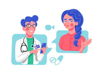 Doctor and patient communication concept. Patient and doctor having a video call with mobile phone. Vector illustration. 