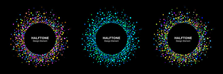 Vibrant splash frames. Random halftone circle dots logo. Colorful Design Element. Splatter round. Spray paint effect. Vector set illustration