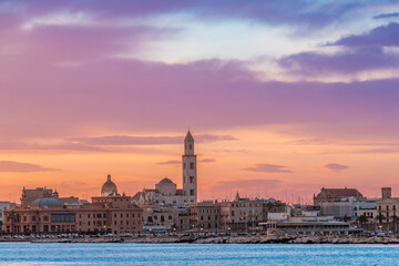 Panoramic view of Bari, Southern Italy, the region of Puglia(Apulia) seafront at Sunset. Basilica...