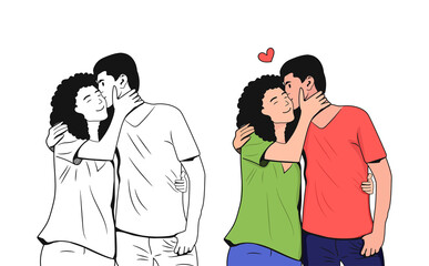 couple coloring vector. couple of doodles vector. girl and guy kissing vector sketch. couple in love vector sketch. lovers drawing vector. 