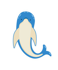 Cute cartoon dolphin swimming, vector illustration of sea animal isolated on white
