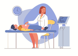 Concept of healthcare, pediatrics. Doctor of ultrasound diagnostics conducts examination of child's organs. Character flat cartoon illustration. Vector.
