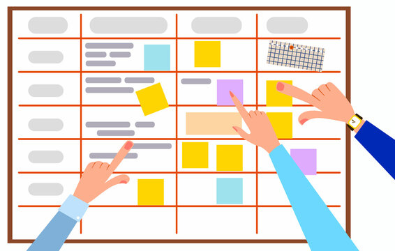 A board of planning, diagrams and tasks with stickers. A team of people plans tasks on the board. Vector illustration in a flat style.