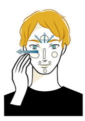 メイクをする白人男性の手描きイラスト（リキッドファンデーション・日焼け止めを塗る方向）