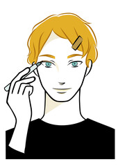 メイクをする白人男性の手描きイラスト（アイライナー）