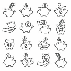 Piggy bank line icons on white background
