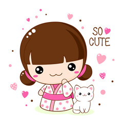 Cute little girl with kitty in kawaii style. Japanese traditional toy kokeshi doll in kimono with white cat. Inscription So cute. Vector illustration EPS8  