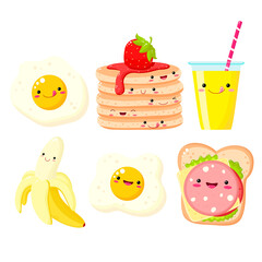 Breakfast time. Set of cute food icons in kawaii style for sweet design. Banana, orange juice, pancakes, cheese and vegetable sandwich, scrambled eggs. Vector EPS8  