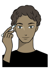 メイクをする黒人男性の手描きイラスト（アイブロウ・眉メイク）