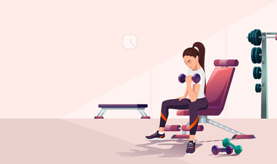 Fitness girl raise dumbbell hand, arm gym. Slim, fit female lift weight training. Sports equipment activity. Athletic brunette young woman lifting sit trainer, strength workout. Vector illustration