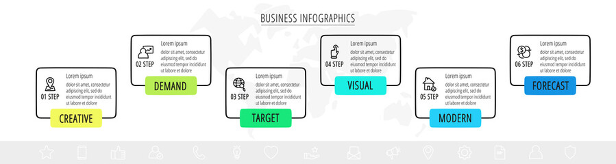Vector line infographics with 6 rectangles. Business concept graphic process template with six steps and labels. Graphic timeline, chart, levels, web, diagram, banner, presentations