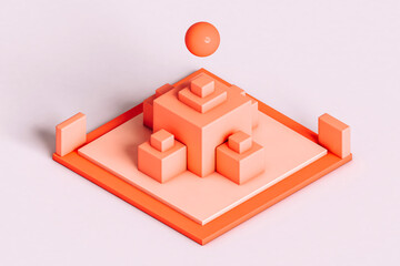 Three dimensional render of pastel colored cubes and floating sphere