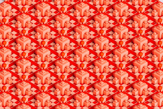Three dimensional pattern of pastel colored cubes, floating spheres and checkerboards
